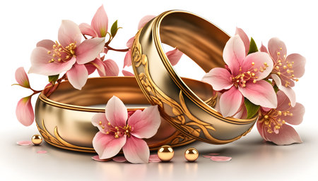 Wedding rings with sakura flowers on a white background.の素材