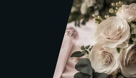 Beautiful white roses on black background with copy space, flat layの素材