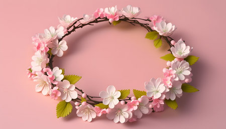 Flower wreath with cherry blossoms on a pink background.の素材
