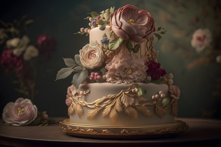 Wedding cake with roses and peonies. Toned.の素材