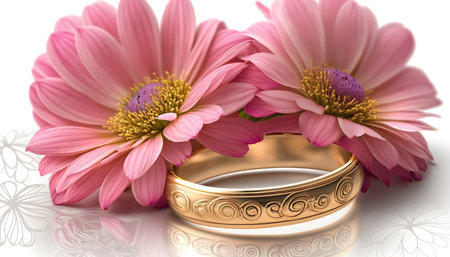 Wedding rings with flowers on a white background, close-upの素材