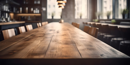 Empty wooden table in a pub or restaurant. Blurred background.の素材