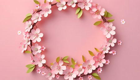 Flower wreath on a pink background. Flat lay, top view.の素材