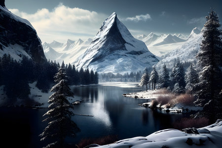 Fantastic winter landscape with snow-capped mountain peaks and lake.の素材