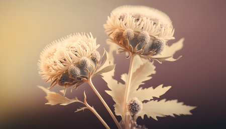 Dry flowers on a background of the autumn landscape. Toned.の素材
