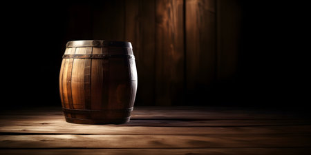 Wooden barrel on a dark wooden background. selective focus.の素材