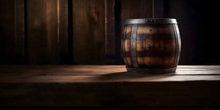 Wooden barrel on a wooden table. dark background. copy space.の素材
