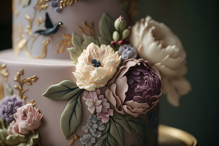 Wedding cake decorated with flowers and leafs, closeupの素材