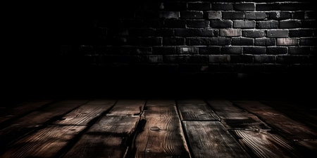 Old wooden floor and brick wall in a dark room. abstract background.の素材