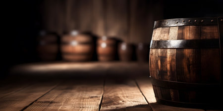 Wooden barrel on a rustic wooden table in a cellar.の素材