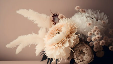 Bouquet of white peonies on a beige background.の素材