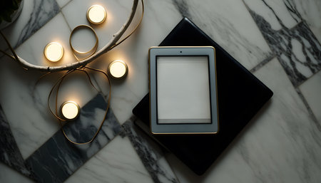 Tablet computer with blank screen, coffee cup and candlestick backgroundの素材
