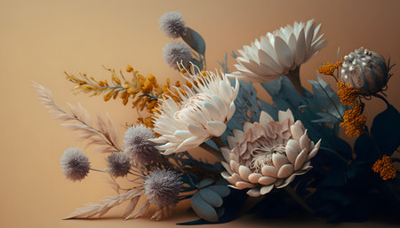 Beautiful bouquet of dried flowers on a pastel background.の素材