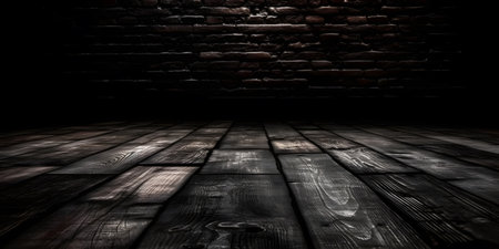Old wooden floor and brick wall in a dark room. 3d renderの素材