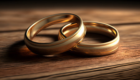 Wedding rings on a wooden background. 3d illustration.の素材