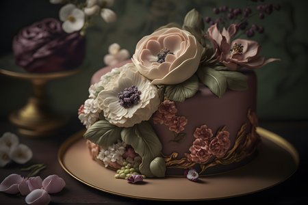 Wedding cake with flowers on the table. Toned.の素材