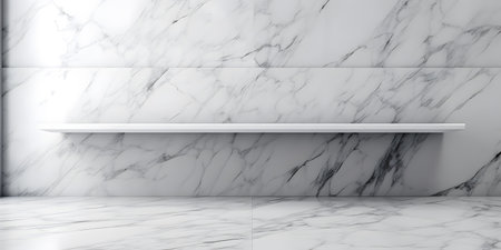 Empty white marble shelf in modern bathroom, 3d render illustration.の素材