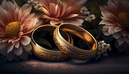 Wedding rings and flowers on a dark background, close-upの素材