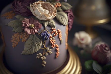 Wedding cake decorated with flowers and leaves, 3d illustrationの素材