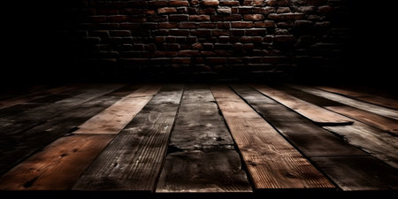 Old wooden floor and brick wall in a dark room. abstract background.の素材