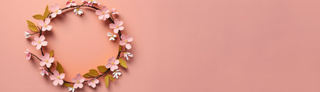 Wreath of pink flowers on a pink background. copy space.の素材