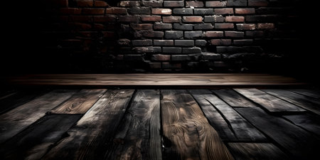Old wooden floor and brick wall in a dark room. abstract background.の素材