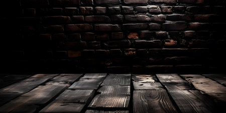 Dark room with wooden floor and brick wall. abstract background. Toned.の素材
