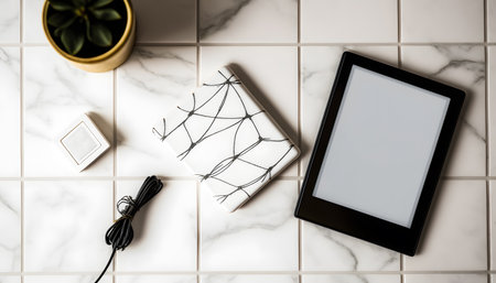 Tablet computer on white marble table with copy space, stock photoの素材