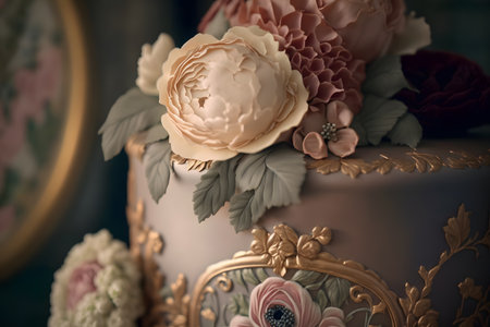 Wedding cake decorated with roses and peonies. selective focus.の素材