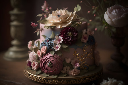 Beautiful wedding cake decorated with flowers and leaves on a dark backgroundの素材