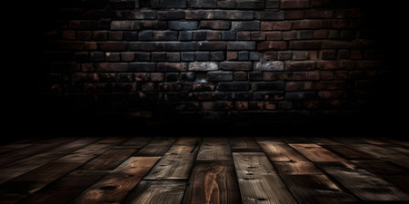 Wooden floor and brick wall in dark room with grunge effectの素材