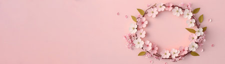 Banner with wreath of pink flowers and green leaves on pastel pink background. Flat lay, top viewの素材