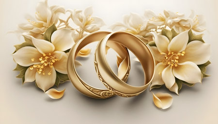Wedding rings with jasmine flowers. 3d illustrationの素材