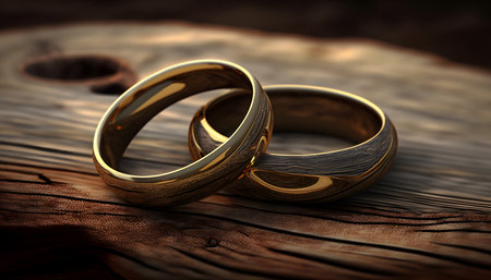 Wedding rings on a wooden background. 3D illustration.の素材