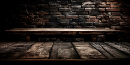 Wooden table and brick wall background, product display montage.の素材