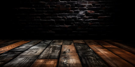 Old wooden floor and brick wall in dark room with black background.の素材