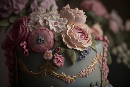 Wedding cake decorated with flowers and ribbons, closeupの素材