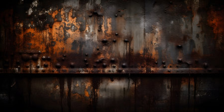 Rusty metal surface with rivets, industrial grunge background.の素材