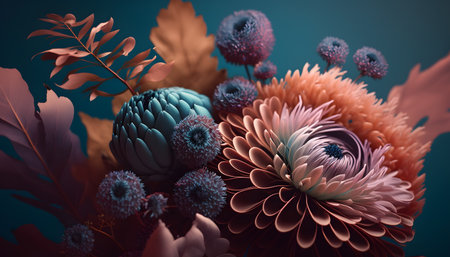 3d rendering of a bouquet of different flowers in a blue backgroundの素材