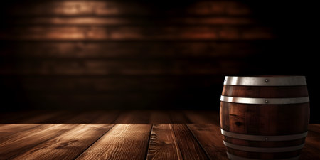 Wooden barrel on a wooden table against a brick wall. 3d renderの素材