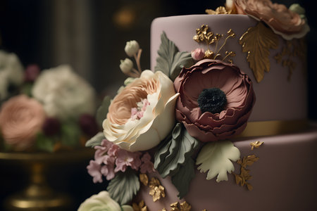 Wedding cake decorated with flowers and roses. Shallow depth of fieldの素材