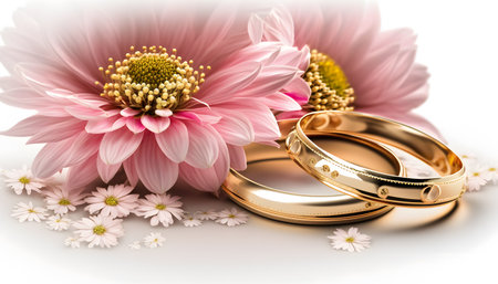 wedding rings and flowers on a white background, close-upの素材