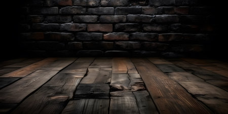 Old wooden floor and brick wall in a dark room. abstract background.の素材