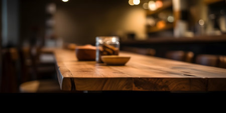 Empty wooden table and blurred background of coffee shop with bokehの素材