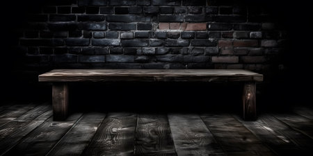 Empty wooden shelf in dark room with brick wall and wooden floor.の素材