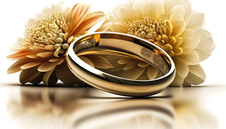Wedding rings and flowers on a white background. 3D illustration.の素材