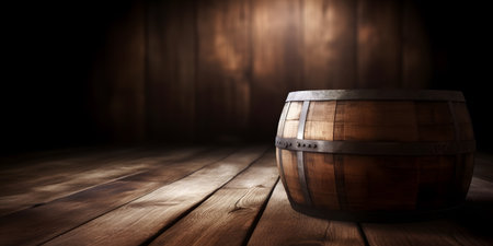 Wooden barrel on a dark wooden background with a place for textの素材