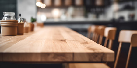wood table, blur dinning restaurant kitchen backgroundの素材