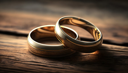 Wedding rings on the wooden background. 3d illustration.の素材
