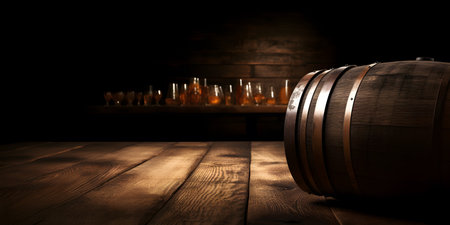 Wooden barrel and bottles of whiskey on a wooden table in a cellarの素材